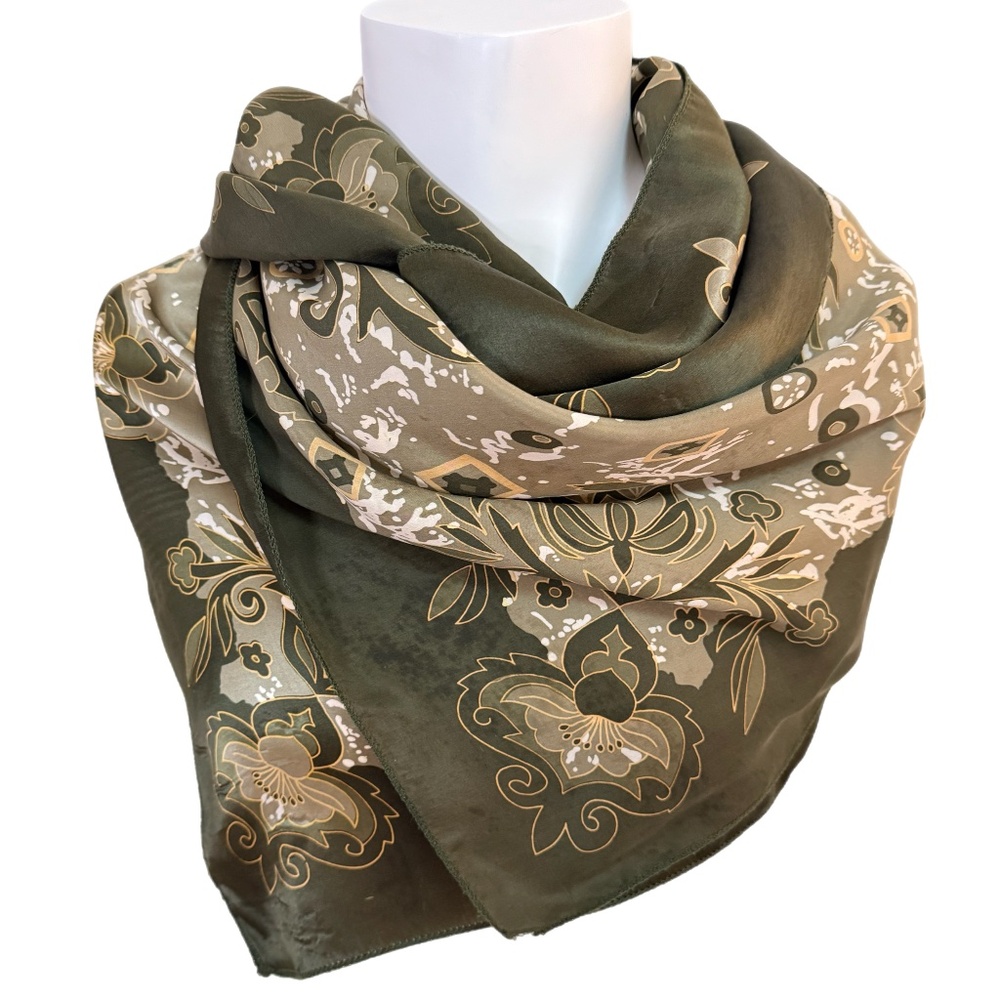 100% Silk Scarf - Botanical & Scroll Design in Olive Green, Cream & Gold